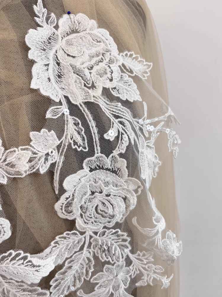 1 Yard Pair White Sequined Beaded Corded Guipure Chantilly Embroidered 3D Floral Bridal Lace Trim Applique Material Fabric JB054