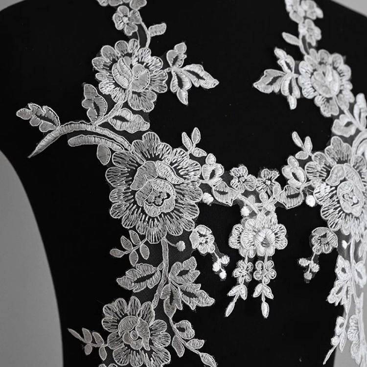 1 Yard Pair White Sequined Beaded Corded Guipure Chantilly Embroidered 3D Floral Bridal Lace Trim Applique Material Fabric JB066
