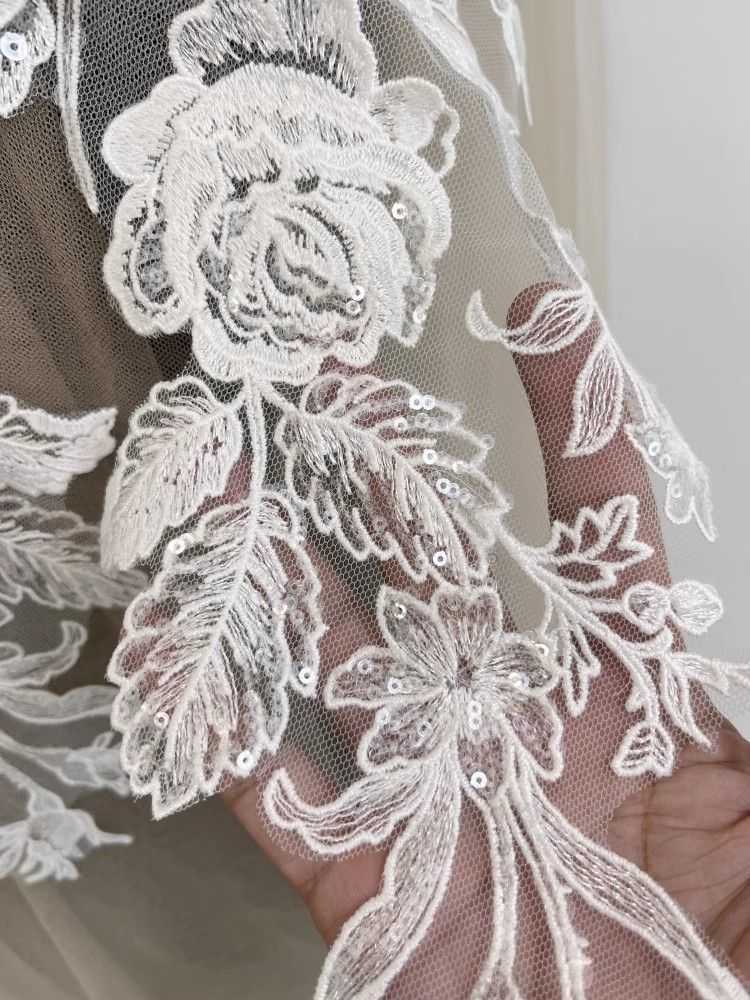 1 Yard Pair White Sequined Beaded Corded Guipure Chantilly Embroidered 3D Floral Bridal Lace Trim Applique Material Fabric JB054