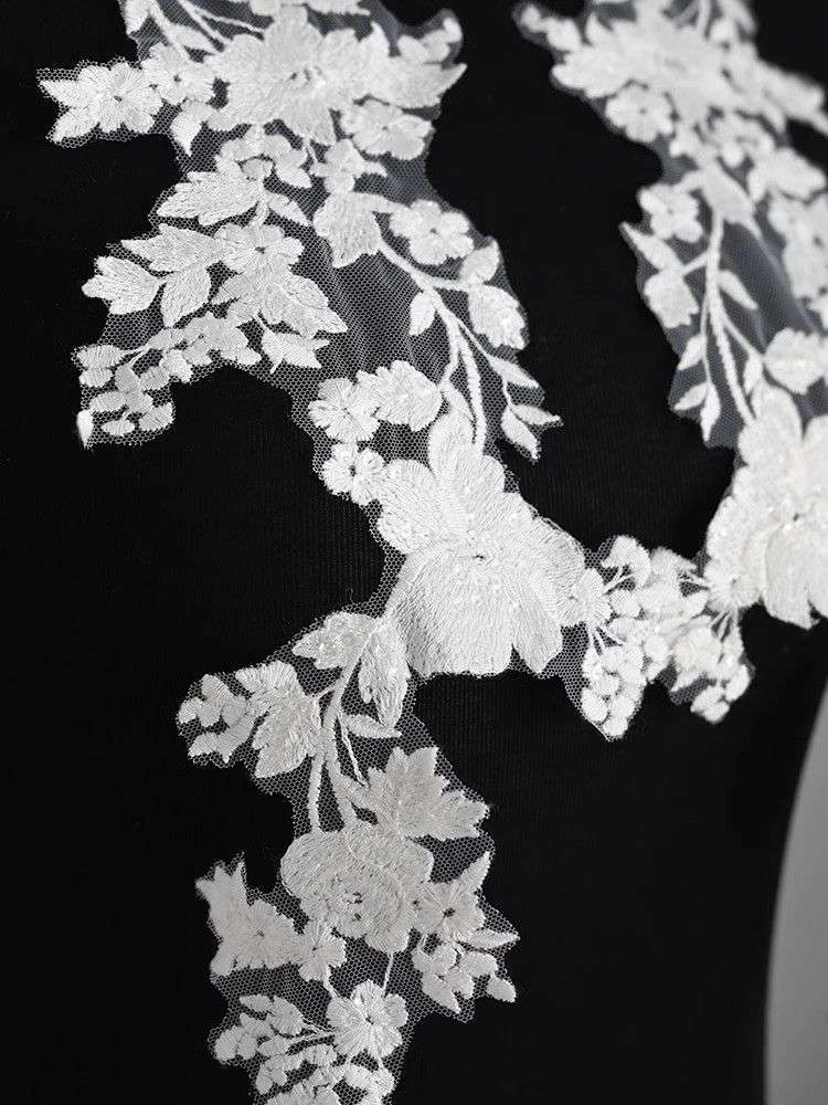 1 Yard Pair White Sequined Beaded Corded Guipure Chantilly Embroidered 3D Floral Bridal Lace Trim Applique Material Fabric JB033