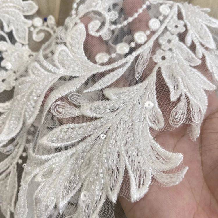 1 Yard Pair White Sequined Beaded Corded Guipure Chantilly Embroidered 3D Floral Bridal Lace Trim Applique Material Fabric JB059