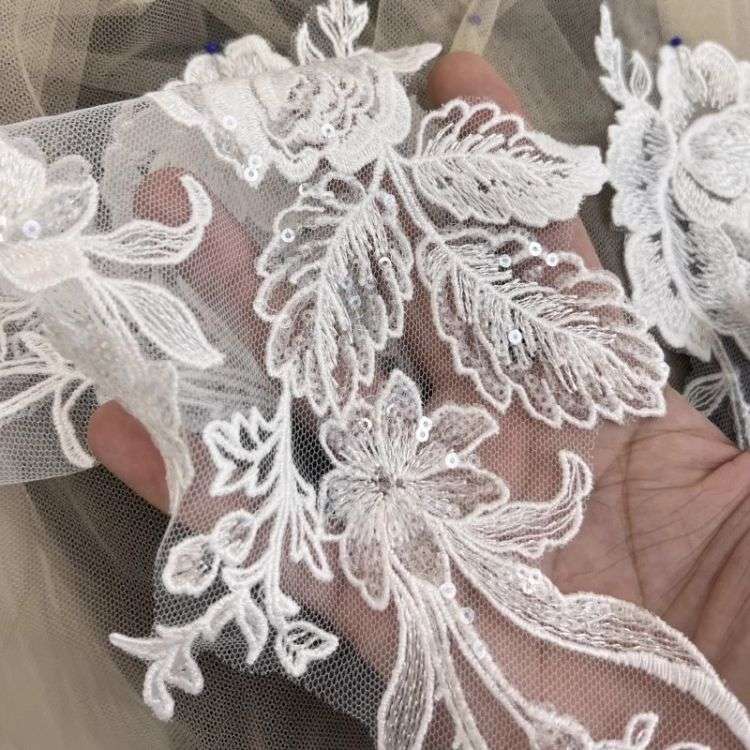 1 Yard Pair White Sequined Beaded Corded Guipure Chantilly Embroidered 3D Floral Bridal Lace Trim Applique Material Fabric JB054