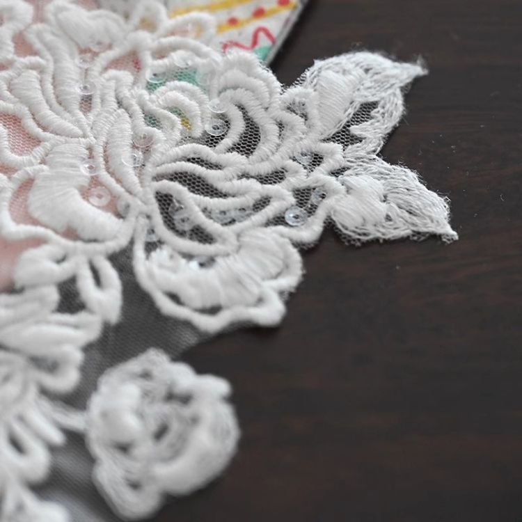 1 Yard Pair White Sequined Beaded Corded Guipure Chantilly Embroidered 3D Floral Bridal Lace Trim Applique Material Fabric JB068
