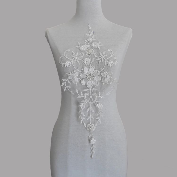 1 Yard Pair White Sequined Beaded Corded Guipure Chantilly Embroidered 3D Floral Bridal Lace Trim Applique Material Fabric JB069