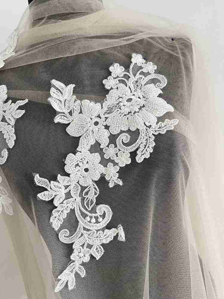 1 Yard Pair White Sequined Beaded Corded Guipure Chantilly Embroidered 3D Floral Bridal Lace Trim Applique Material Fabric JB060