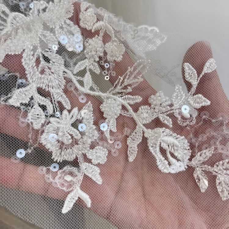 1 Yard Pair White Sequined Beaded Corded Guipure Chantilly Embroidered 3D Floral Bridal Lace Trim Applique Material Fabric JB055