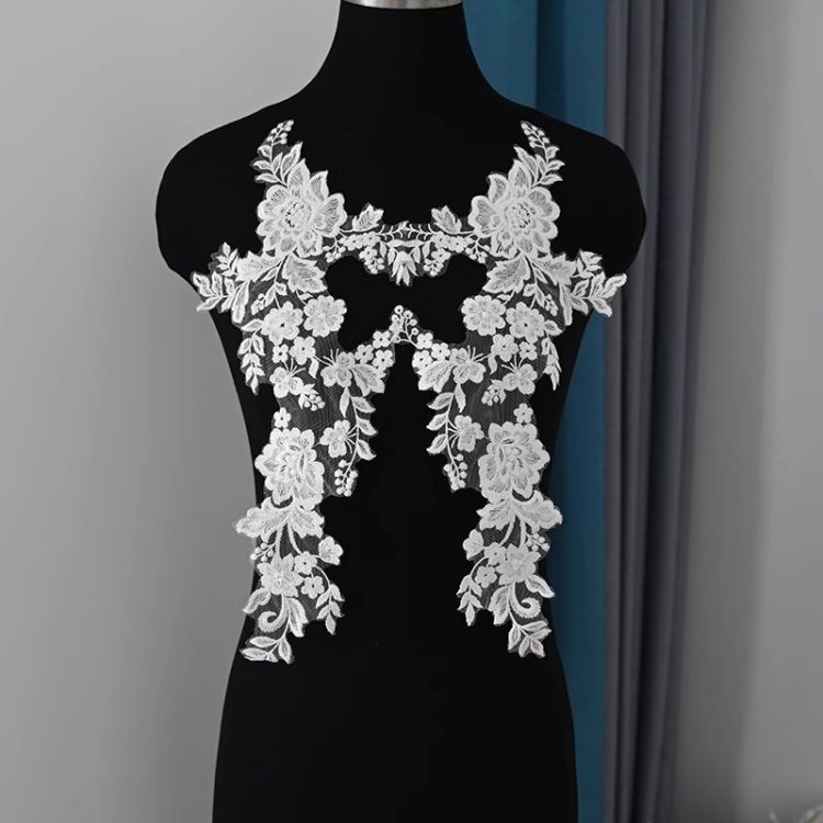 1 Yard Pair White Sequined Beaded Corded Guipure Chantilly Embroidered 3D Floral Bridal Lace Trim Applique Material Fabric JB035