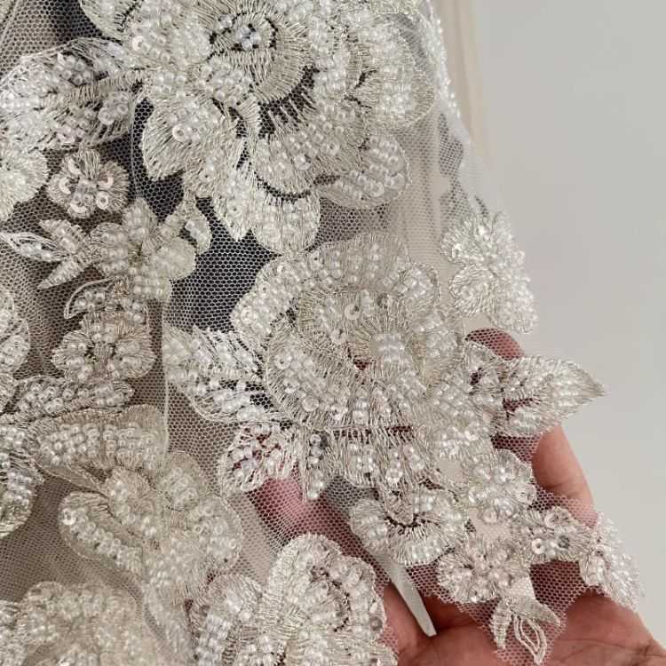 1 Yard Pair White Sequined Beaded Corded Guipure Chantilly Embroidered 3D Floral Bridal Lace Trim Applique Material Fabric JB061
