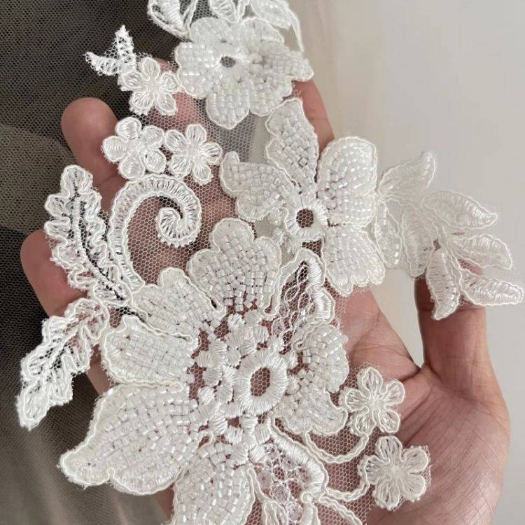1 Yard Pair White Sequined Beaded Corded Guipure Chantilly Embroidered 3D Floral Bridal Lace Trim Applique Material Fabric JB060