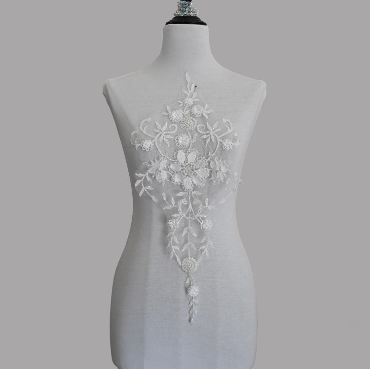 1 Yard Pair White Sequined Beaded Corded Guipure Chantilly Embroidered 3D Floral Bridal Lace Trim Applique Material Fabric JB069