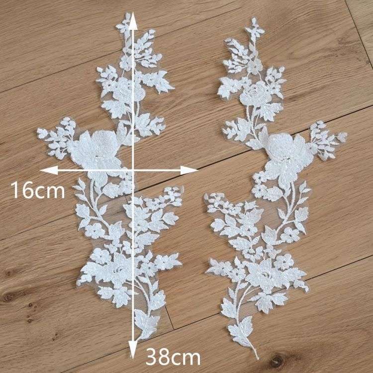 1 Yard Pair White Sequined Beaded Corded Guipure Chantilly Embroidered 3D Floral Bridal Lace Trim Applique Material Fabric JB033
