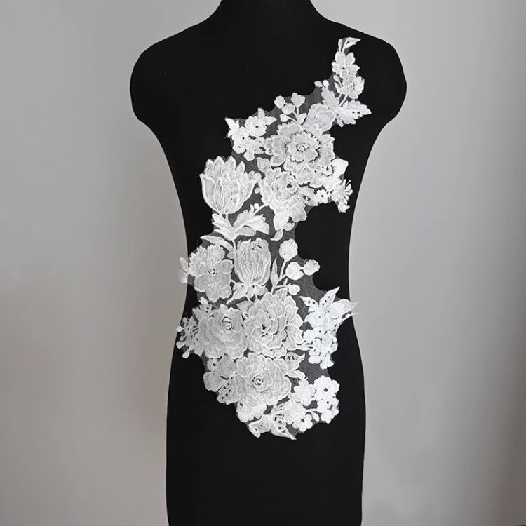 1 Yard Pair White Sequined Beaded Corded Guipure Chantilly Embroidered 3D Floral Bridal Lace Trim Applique Material Fabric JB034