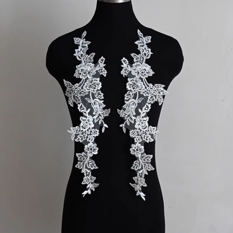 1 Yard Pair White Sequined Beaded Corded Guipure Chantilly Embroidered 3D Floral Bridal Lace Trim Applique Material Fabric JB066