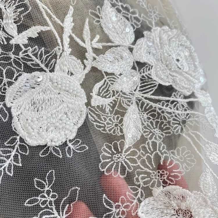 1 Yard Pair White Sequined Beaded Corded Guipure Chantilly Embroidered 3D Floral Bridal Lace Trim Applique Material Fabric JB058