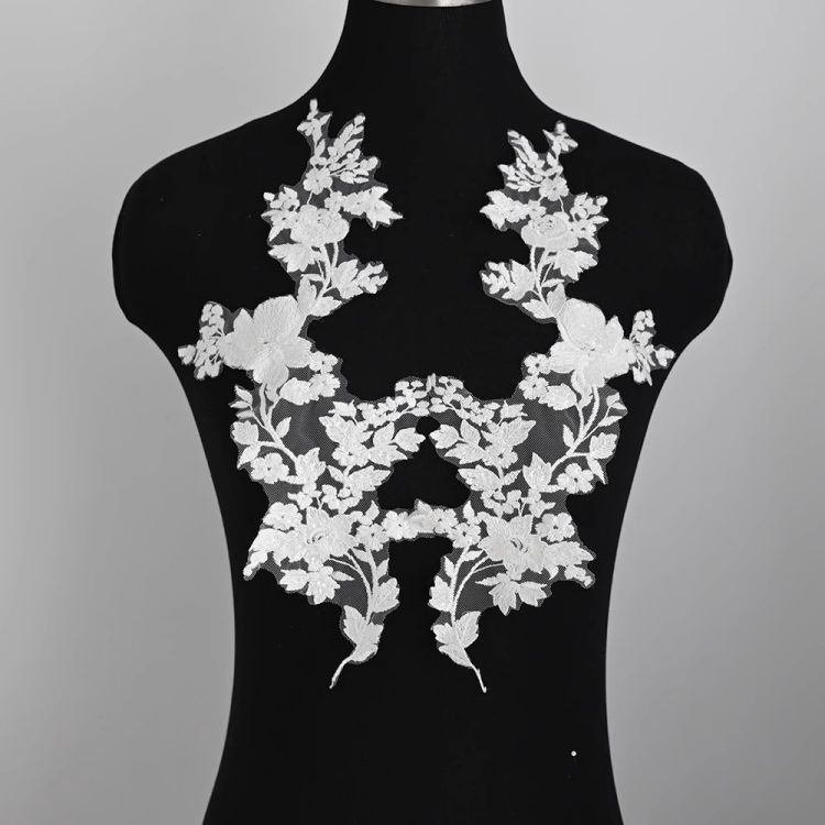 1 Yard Pair White Sequined Beaded Corded Guipure Chantilly Embroidered 3D Floral Bridal Lace Trim Applique Material Fabric JB033