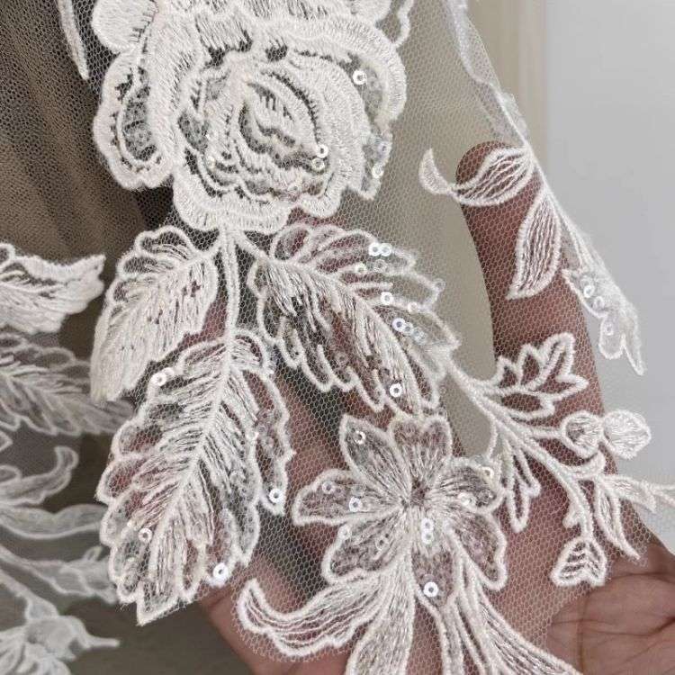 1 Yard Pair White Sequined Beaded Corded Guipure Chantilly Embroidered 3D Floral Bridal Lace Trim Applique Material Fabric JB054