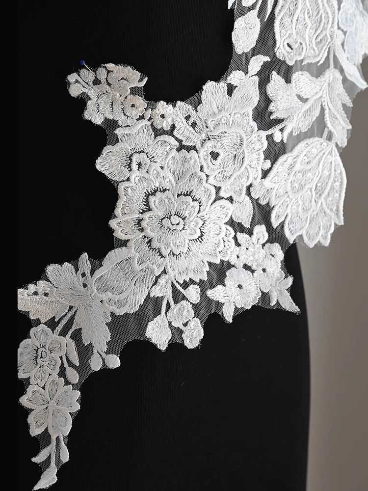 1 Yard Pair White Sequined Beaded Corded Guipure Chantilly Embroidered 3D Floral Bridal Lace Trim Applique Material Fabric JB034