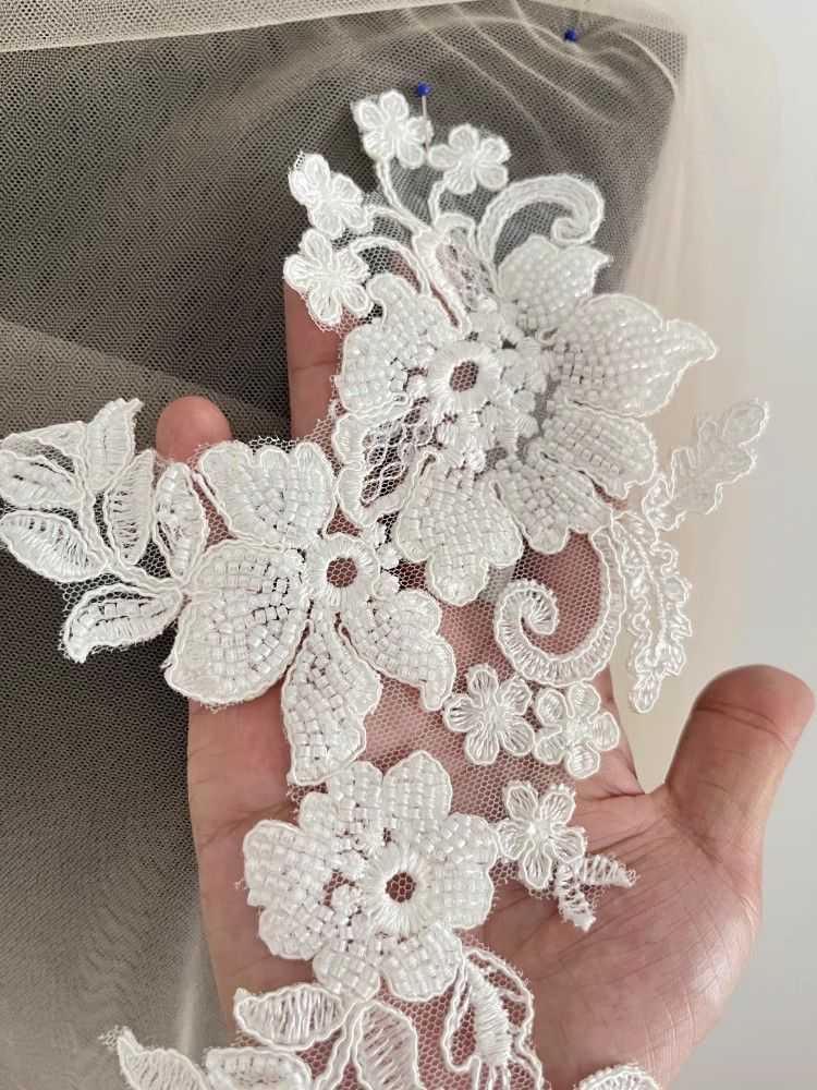 1 Yard Pair White Sequined Beaded Corded Guipure Chantilly Embroidered 3D Floral Bridal Lace Trim Applique Material Fabric JB060