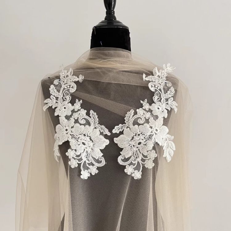 1 Yard Pair White Sequined Beaded Corded Guipure Chantilly Embroidered 3D Floral Bridal Lace Trim Applique Material Fabric JB060