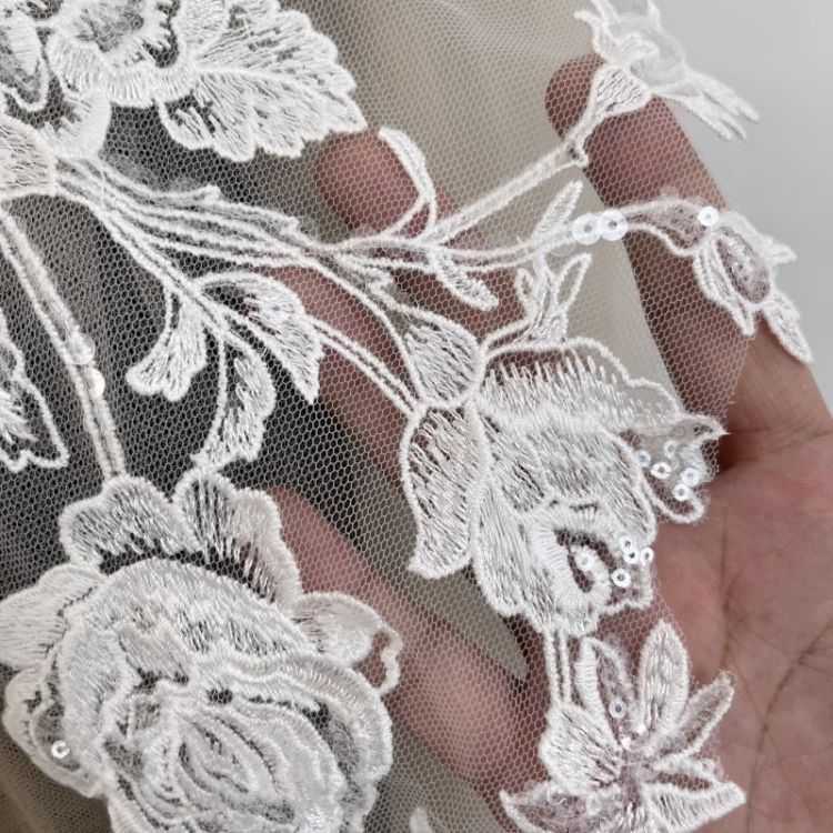1 Yard Pair White Sequined Beaded Corded Guipure Chantilly Embroidered 3D Floral Bridal Lace Trim Applique Material Fabric JB054
