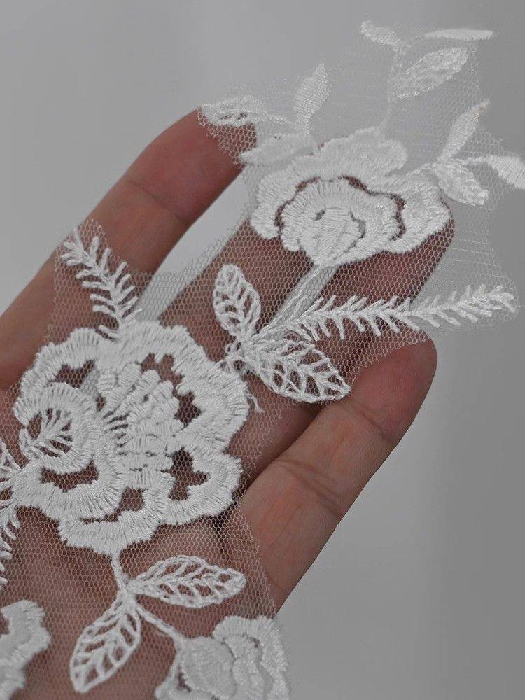 1 Yard Pair White Sequined Beaded Corded Guipure Chantilly Embroidered 3D Floral Bridal Lace Trim Applique Material Fabric JB047