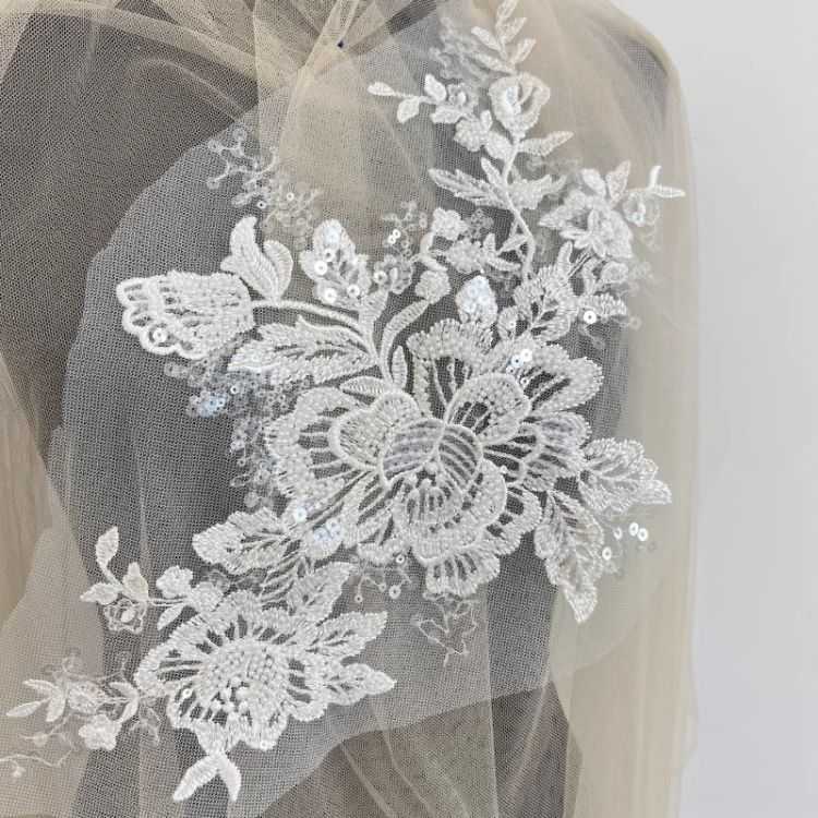 1 Yard Pair White Sequined Beaded Corded Guipure Chantilly Embroidered 3D Floral Bridal Lace Trim Applique Material Fabric JB055
