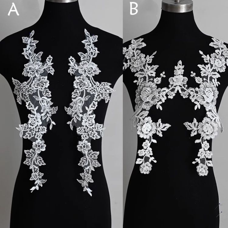 1 Yard Pair White Sequined Beaded Corded Guipure Chantilly Embroidered 3D Floral Bridal Lace Trim Applique Material Fabric JB066