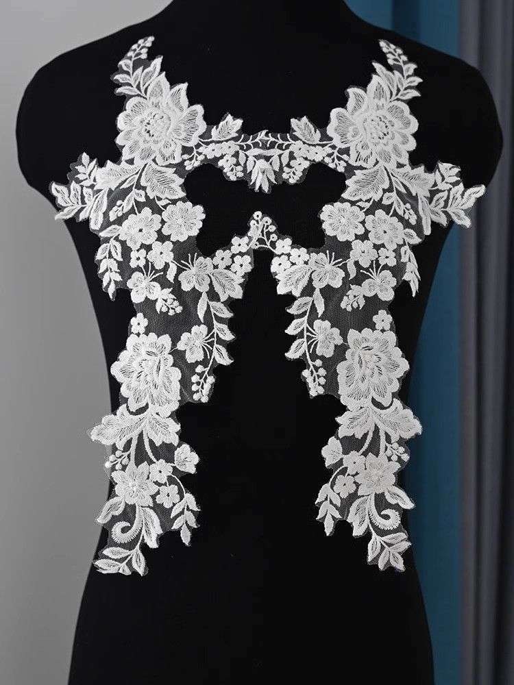 1 Yard Pair White Sequined Beaded Corded Guipure Chantilly Embroidered 3D Floral Bridal Lace Trim Applique Material Fabric JB035
