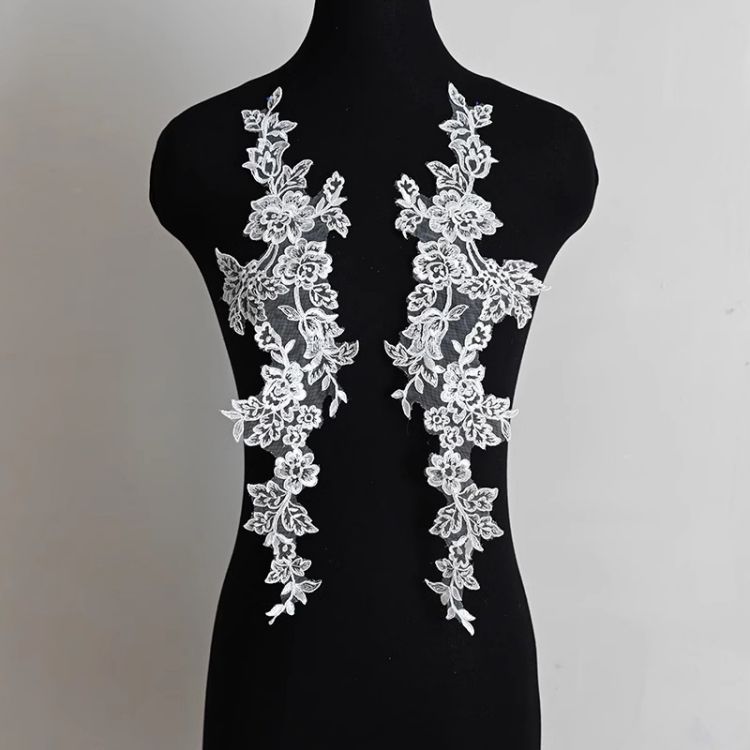 1 Yard Pair White Sequined Beaded Corded Guipure Chantilly Embroidered 3D Floral Bridal Lace Trim Applique Material Fabric JB066