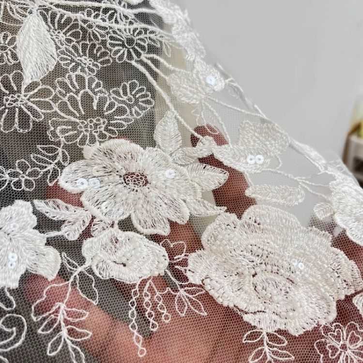 1 Yard Pair White Sequined Beaded Corded Guipure Chantilly Embroidered 3D Floral Bridal Lace Trim Applique Material Fabric JB058