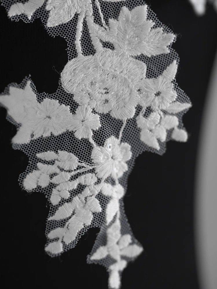1 Yard Pair White Sequined Beaded Corded Guipure Chantilly Embroidered 3D Floral Bridal Lace Trim Applique Material Fabric JB033