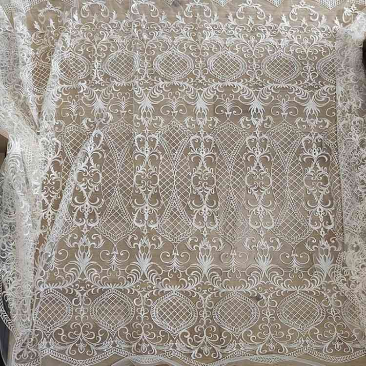 1 Yard Pair White Sequined Beaded Corded Guipure Chantilly Embroidered 3D Floral Bridal Lace Trim Applique Material Fabric JB039