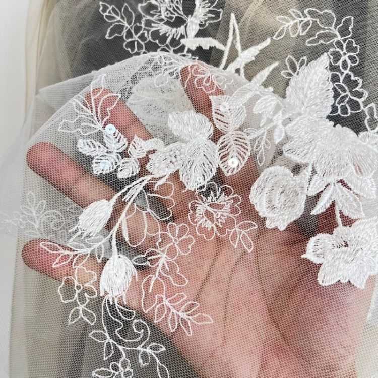 1 Yard Pair White Sequined Beaded Corded Guipure Chantilly Embroidered 3D Floral Bridal Lace Trim Applique Material Fabric JB058