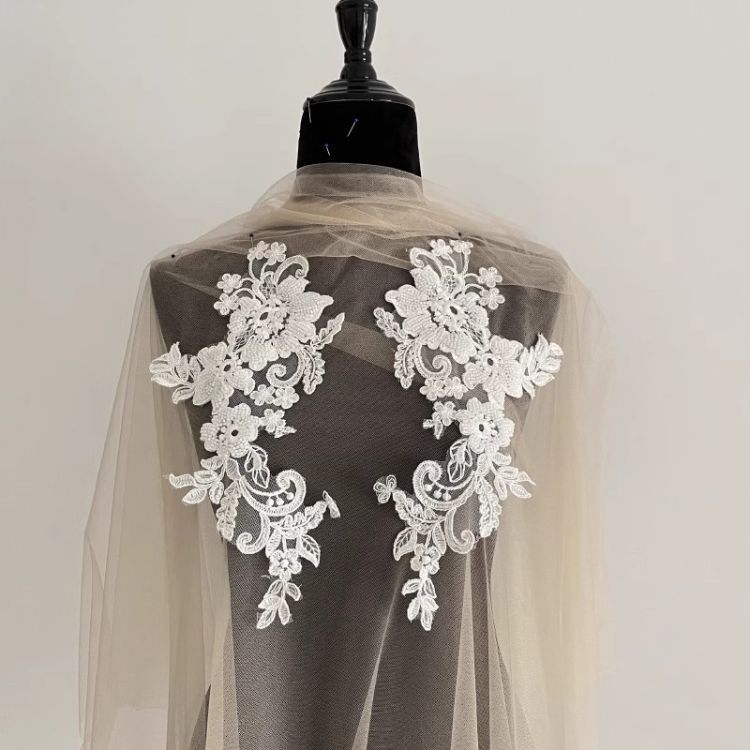 1 Yard Pair White Sequined Beaded Corded Guipure Chantilly Embroidered 3D Floral Bridal Lace Trim Applique Material Fabric JB060