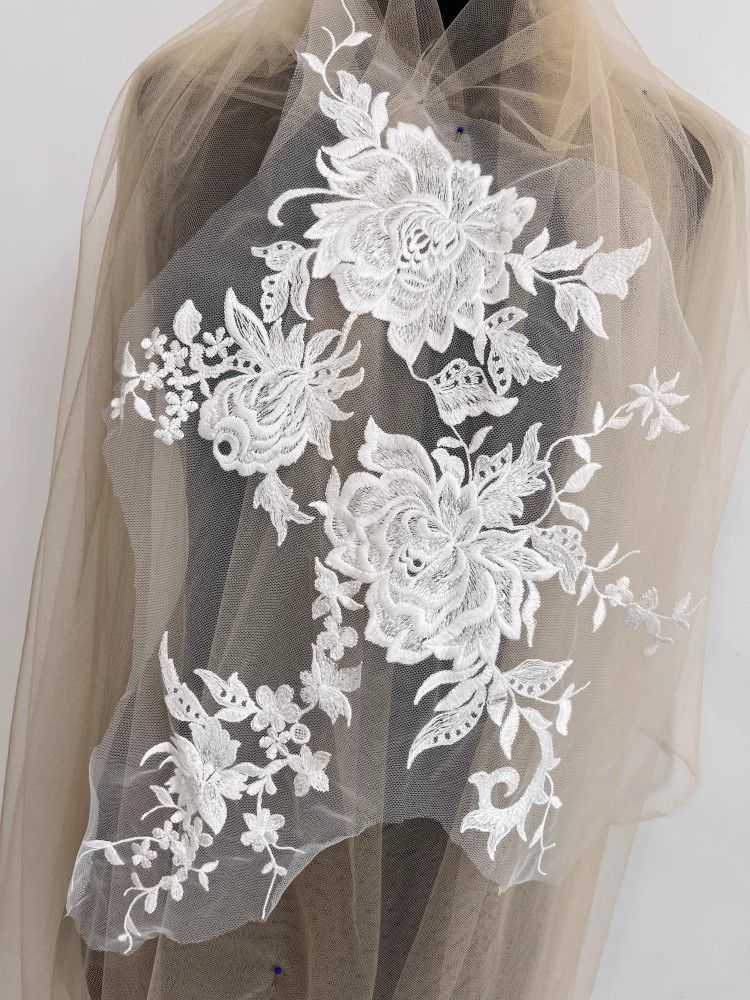 1 Pair White Sequined Embroidered Bridal Lace Applique Material