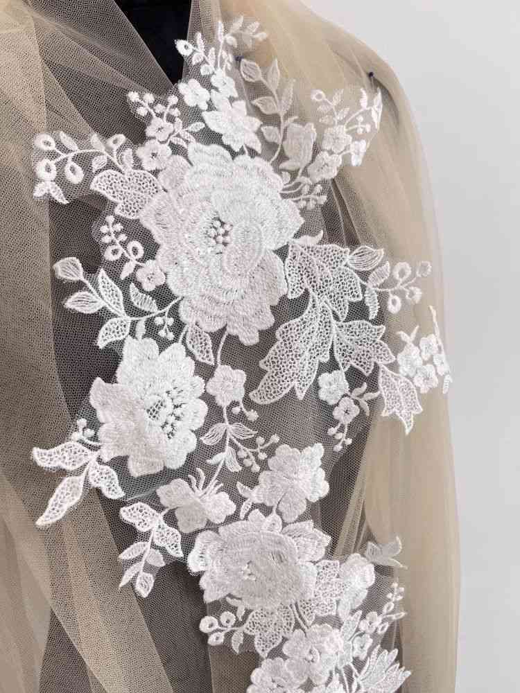 1 Pair White Sequined Embroidered Bridal Lace Applique Material