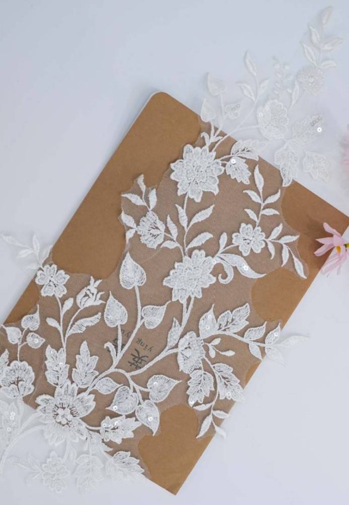 1 Pair White Sequined Beaded Embroidered Bridal Lace Applique Material