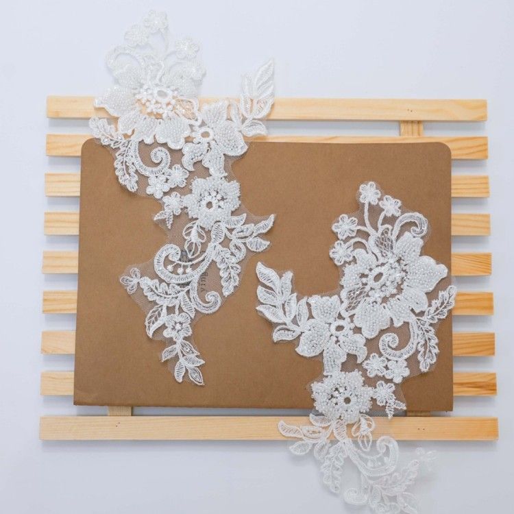 1 Pair White Sequined Beaded Corded Embroidered Bridal Lace Applique Material XB103