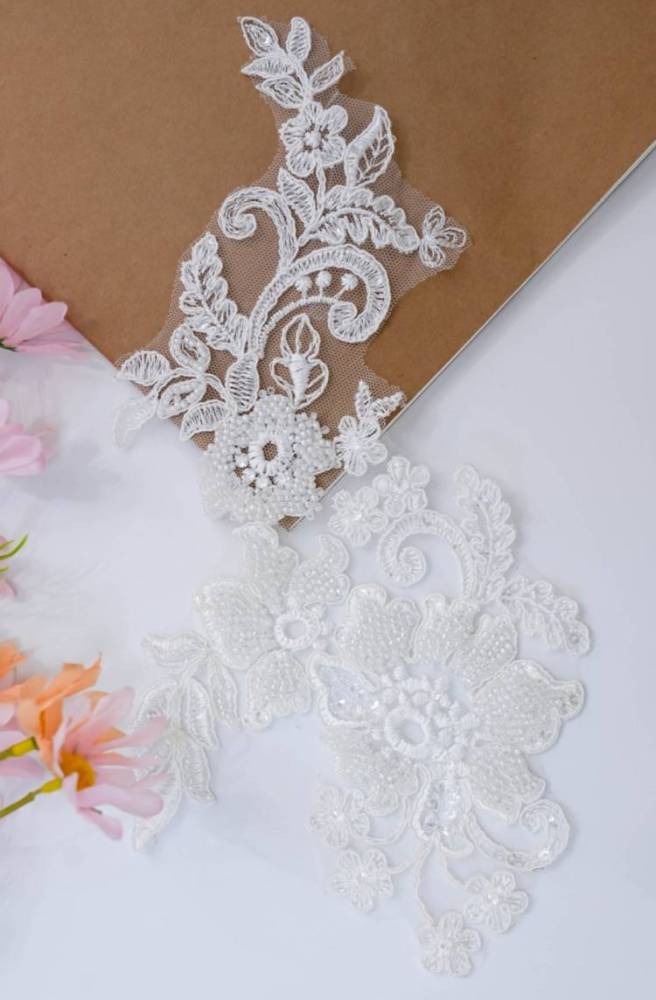 1 Pair White Sequined Beaded Corded Embroidered Bridal Lace Applique Material XB103