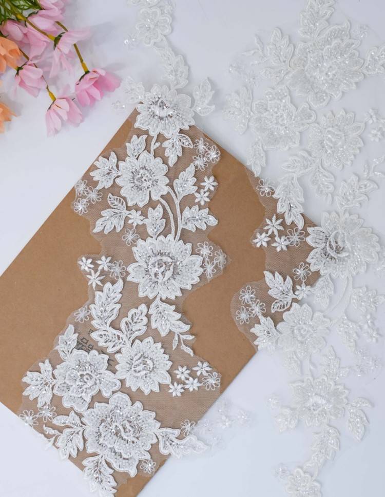 1 Pair White Sequined Beaded Corded Embroidered Bridal Lace Applique Material XB109