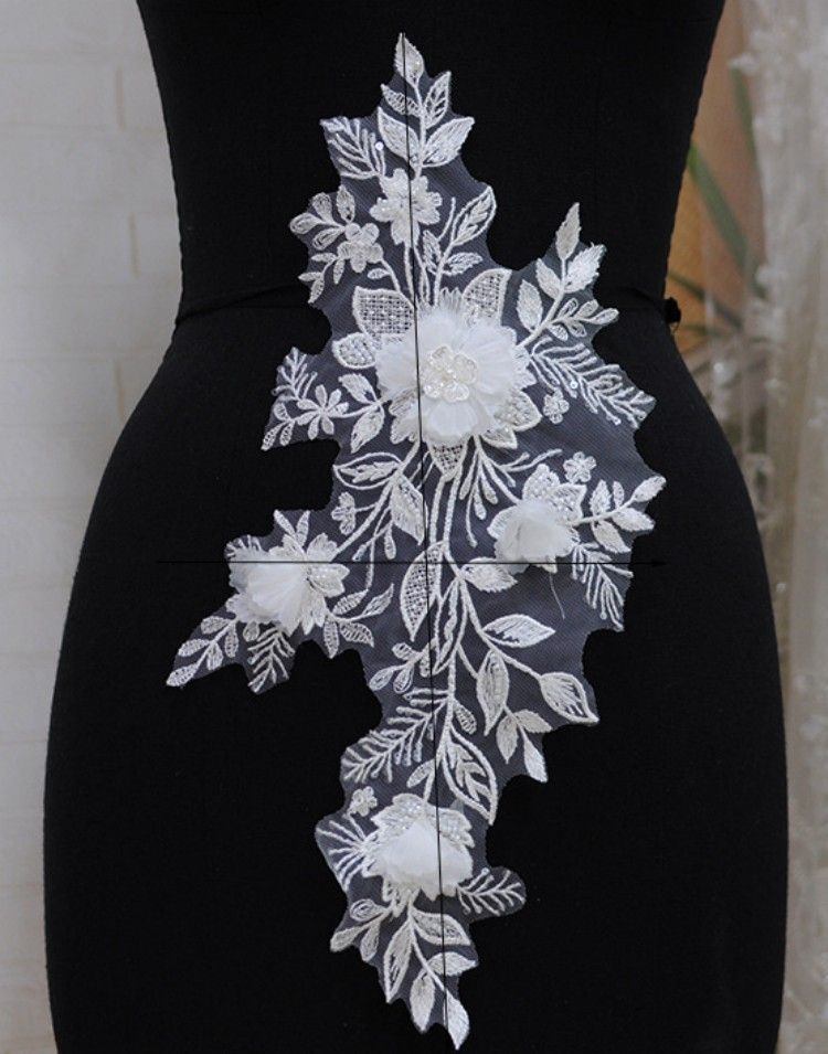 1 Pair White Sequined Beaded Embroidered 3D Floral Bridal Lace Applique Material XB110