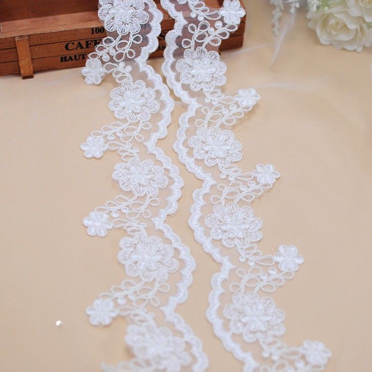 1 Yard White Corded Embroidered Bridal Lace Trim Material XB100