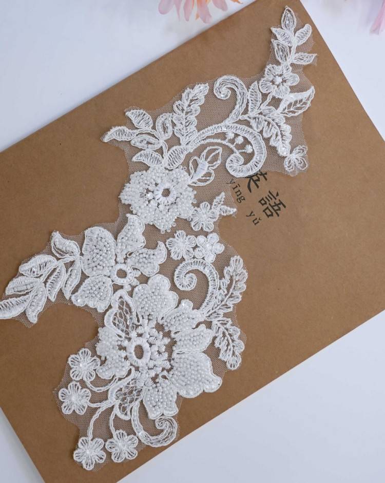 1 Pair White Sequined Beaded Corded Embroidered Bridal Lace Applique Material XB103