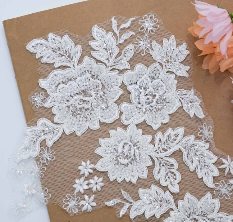 1 Pair White Sequined Beaded Corded Embroidered Bridal Lace Applique Material XB109