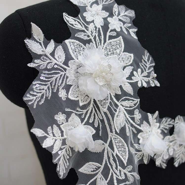 1 Pair White Sequined Beaded Embroidered 3D Floral Bridal Lace Applique Material XB110