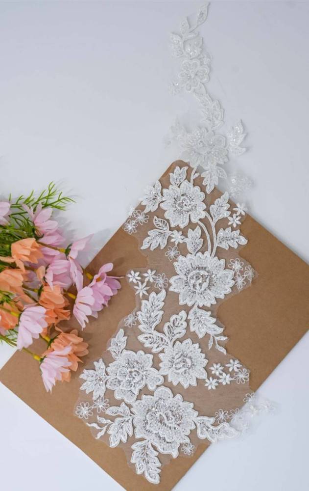 1 Pair White Sequined Beaded Corded Embroidered Bridal Lace Applique Material XB109