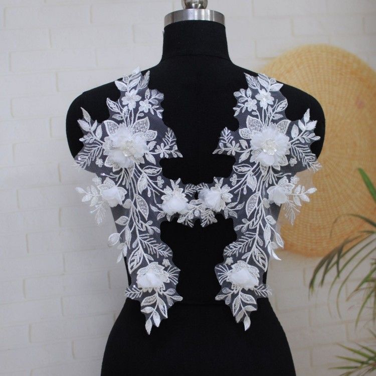 1 Pair White Sequined Beaded Embroidered 3D Floral Bridal Lace Applique Material XB110