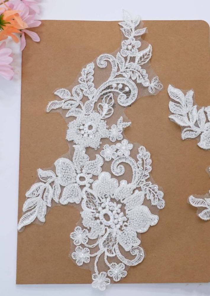 1 Pair White Sequined Beaded Corded Embroidered Bridal Lace Applique Material XB103