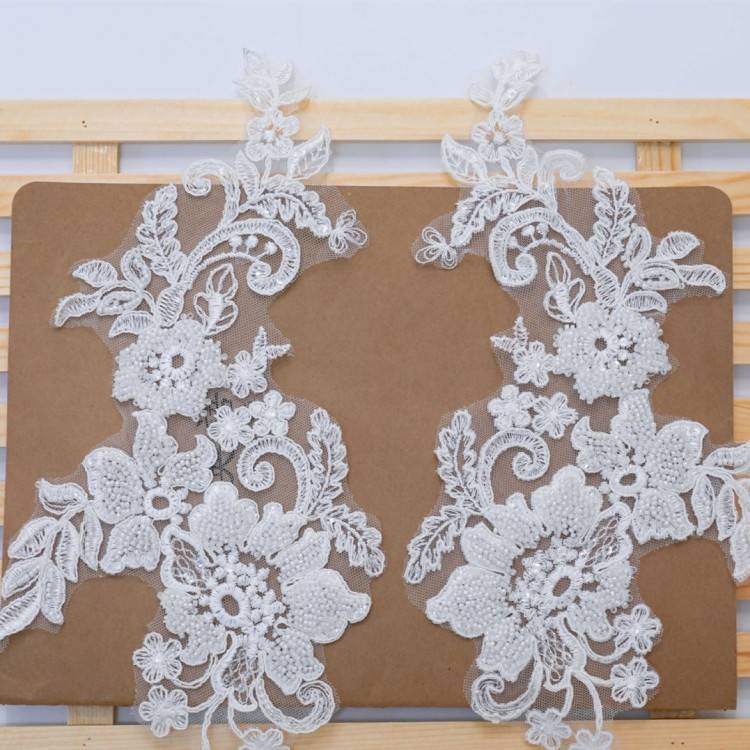 1 Pair White Sequined Beaded Corded Embroidered Bridal Lace Applique Material XB103