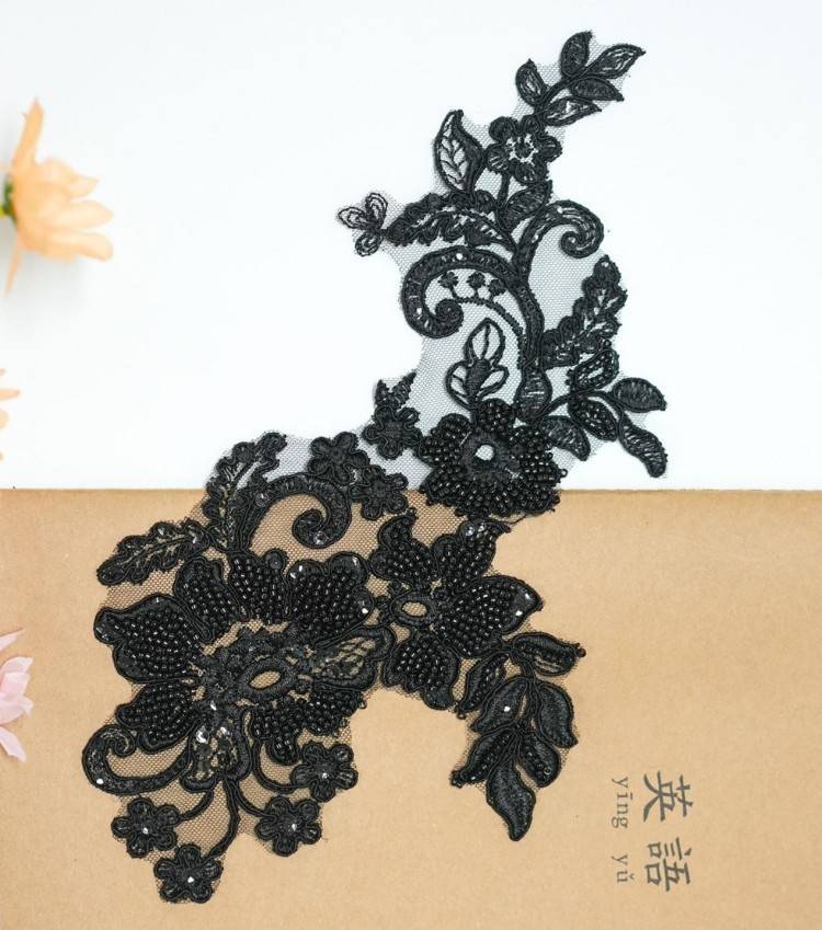 1 Pair White Sequined Beaded Corded Embroidered Bridal Lace Applique Material XB103